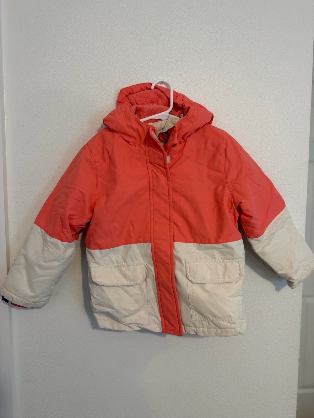 K-Swiss Coral and Cream Kids Colorblock Hooded Puffer Jacket